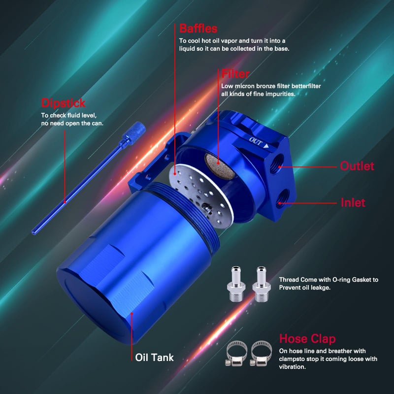 SPEEDWOW Universal Oil Catch Can Tank Filter Baffled With Hose Kit, 300ML( Blue ) - Image 2